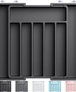 Aujen Cutlery Drawer Organiser - Expandable Kitchen Drawer Storage Organiser, Adjustable Cutlery Tray, Multipurpose Utensil Organisation for Forks, Knives, Black, 34 x 4 x 26~50 cm