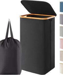 Lifewit 100L Laundry Basket with Lid, Dirty Clothes Bin with Bamboo Handles and A Removable Bag, Large Foldable Washing Basket for Bedroom, Bathroom, Dorm, Laundry Room, Black
