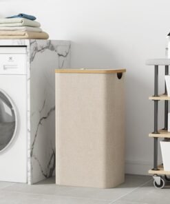 Alternative view of Lifewit 100L Laundry Basket with Lid, Dirty Clothes Bin with Bamboo Handles and A Removable Bag, Large Foldable Washing Basket for Bedroom, Bathroom, Dorm, Laundry Room, Beige