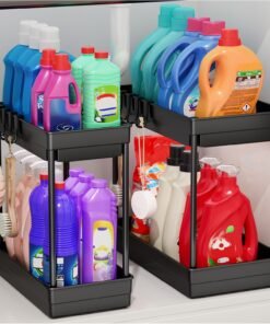 PurKeep 2 Pack Under Sink Storage, 2 Tier Kitchen Storage and Organisation | Cupboard Organiser, Under Sink Shelf, Under Cabinet Organizer with Hooks, for Bathroom Kitchen Countertop, 2 Size 1L+1M