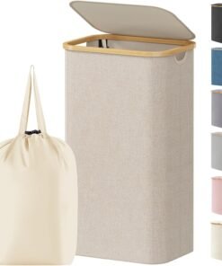 Lifewit 100L Laundry Basket with Lid, Dirty Clothes Bin with Bamboo Handles and A Removable Bag, Large Foldable Washing Basket for Bedroom, Bathroom, Dorm, Laundry Room, Beige