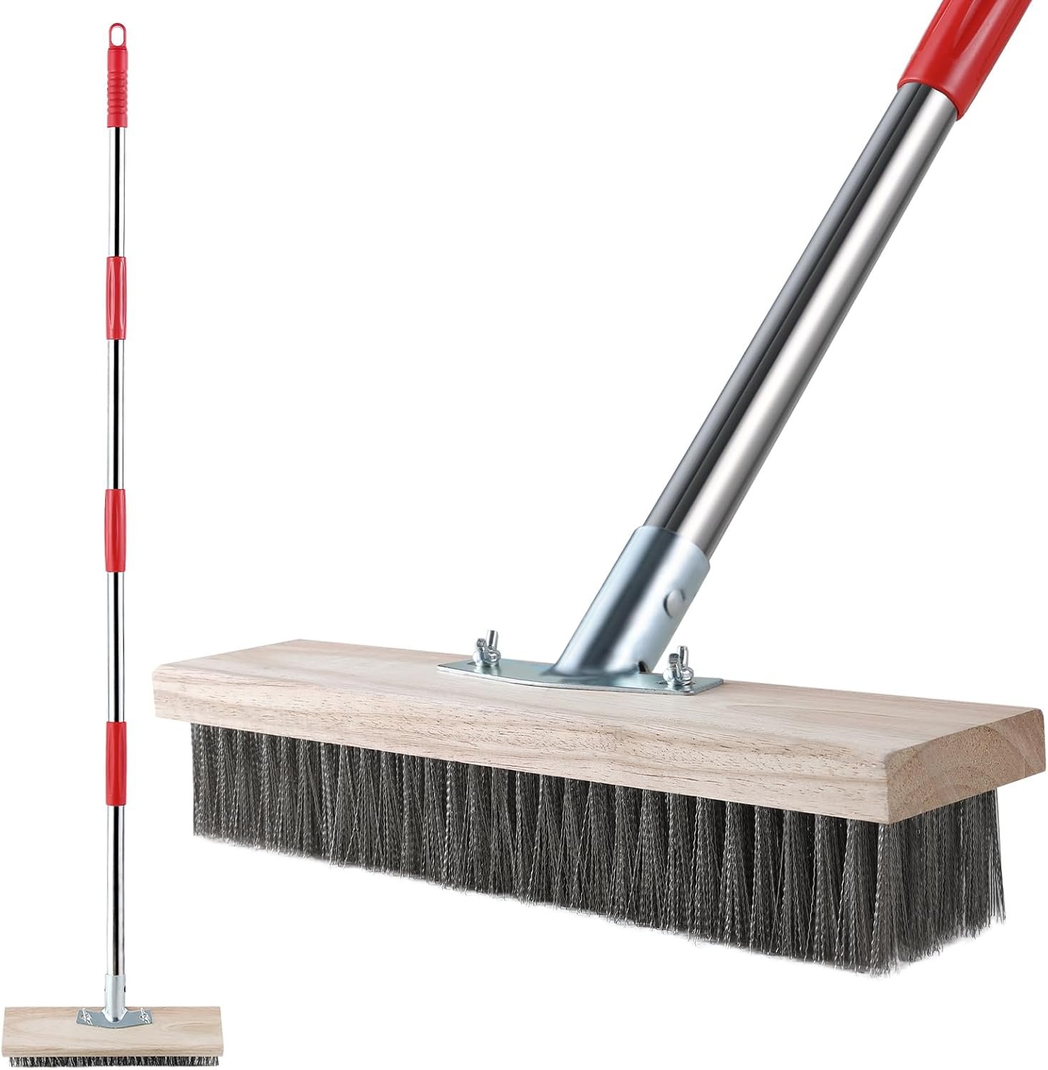 Mitclear Heavy Duty Wire Broom with Telescopic Handle(57IN), Stiff Metal Bristle Brush for Removing Weed Moss Algae, Outdoor Floor Scrub Brush for Patio, Deck, Garden