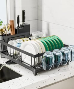 Multibao Dish Drainer Rack - Space Saving Dish Rack for Kitchen Counter, Kitchen Dish Drainer with Utensil Holder, Drain Board Cutlery Cup Holder Large Black