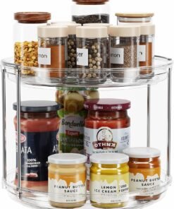 LAMU 2 Tier Lazy Susan Turntable Organizer Rotating Spice Rack Organization for Cabinet, Kitchen, Pantry, Countertop, Bathroom, Vanity, Medicine Cabinet Organizer, Clear, 23.5CM