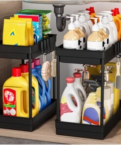 TidyTrove 2 Pack Under Sink Storage - Kitchen Storage and Organisation, 2 Tier Kitchen Under Sink Shelf, Multi-Purpose Organisation for Bathroom,Black | Under Sink, Sink, Bathroom, Multipurpose, Cabinet Organiser, Space Saving